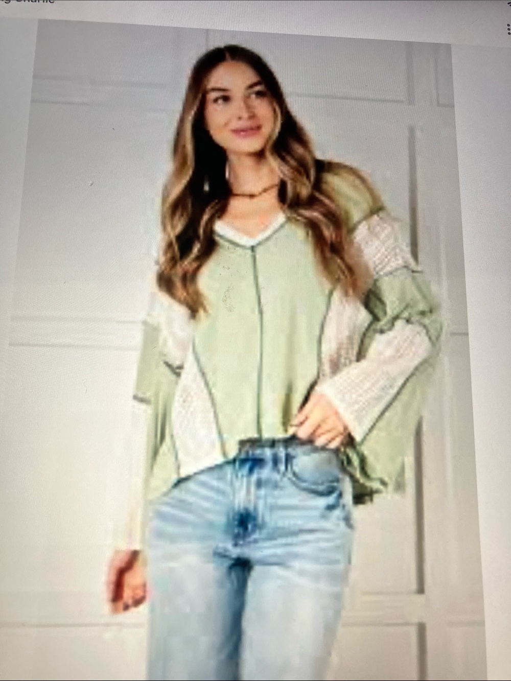 Patchwork Sage waffle Knit V-Neck Top crochet panels